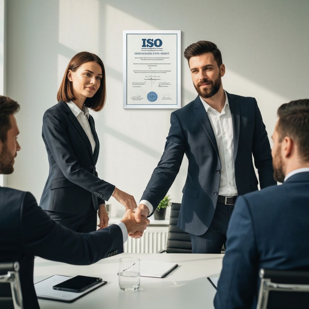 Business professionals discussing ISO certification